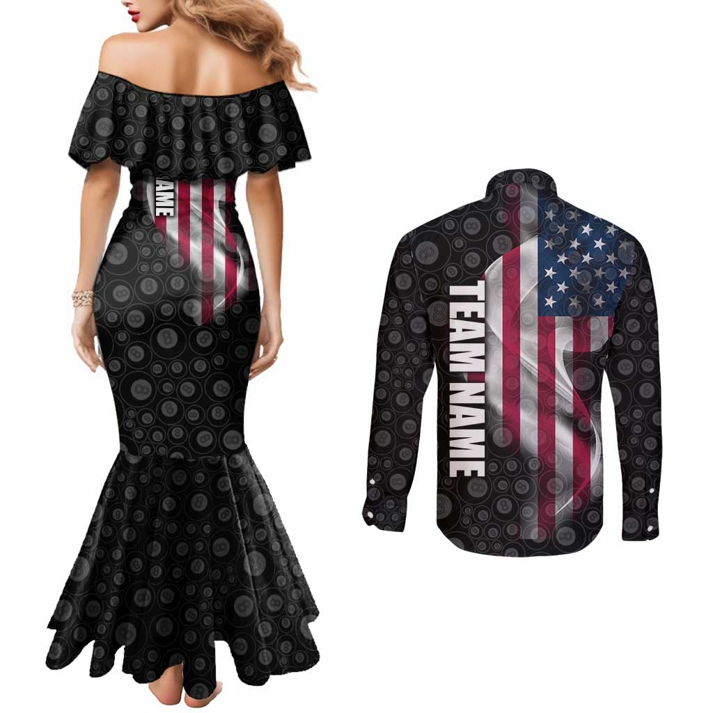 American Flag Bowling Ball and Pins Graphic Couples Matching Mermaid Dress and Long Sleeve Button Shirt with Black Patterned Background and Custom Team Name Design - Wonder Print Shop