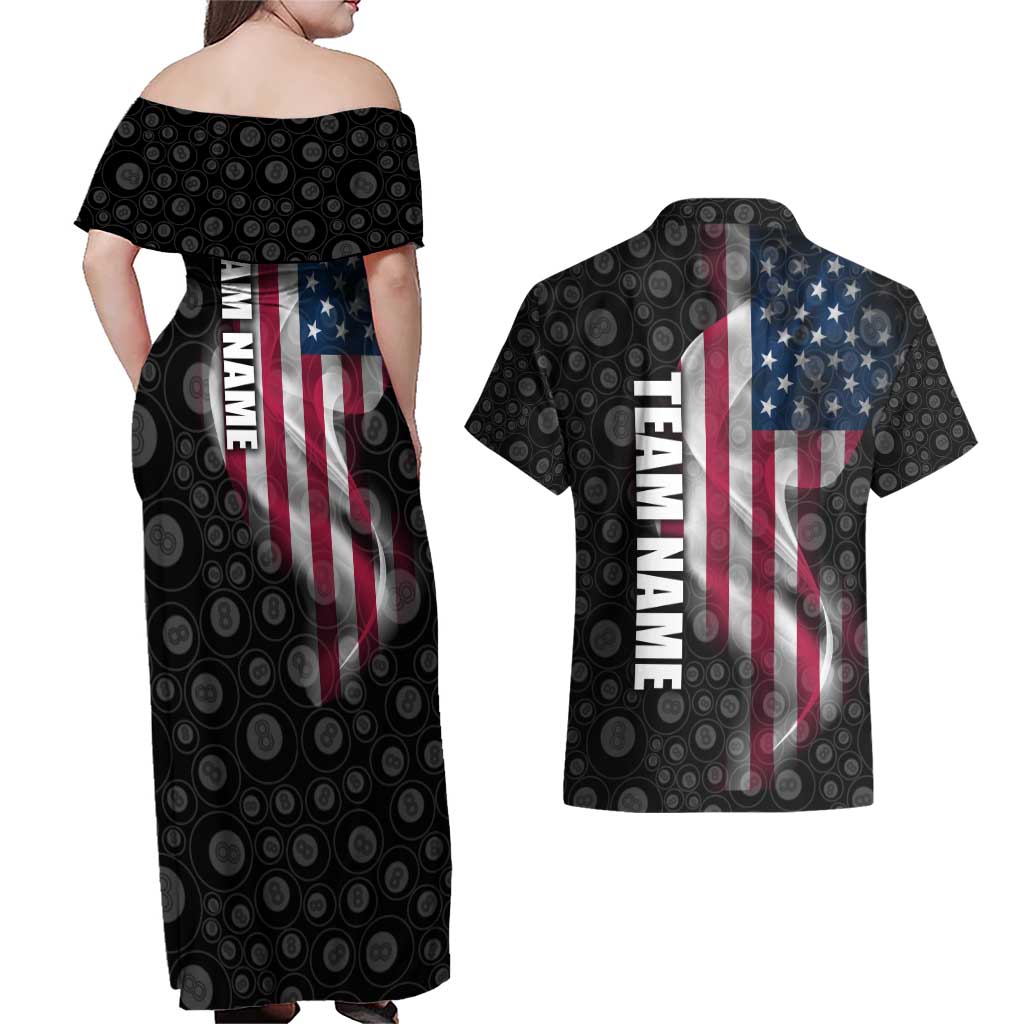 American Flag Bowling Ball and Pins Graphic Couples Matching Off Shoulder Maxi Dress and Hawaiian Shirt with Black Patterned Background and Custom Team Name Design - Wonder Print Shop