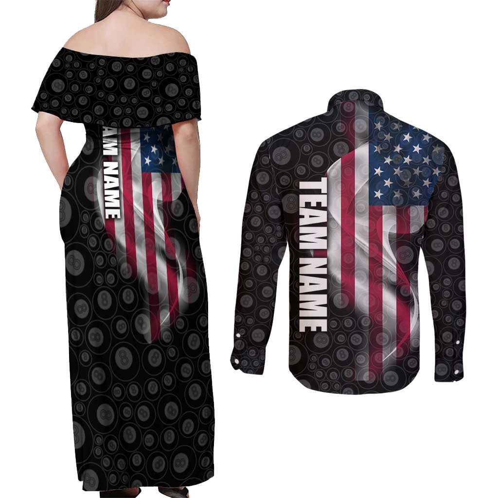 American Flag Bowling Ball and Pins Graphic Couples Matching Off Shoulder Maxi Dress and Long Sleeve Button Shirt with Black Patterned Background and Custom Team Name Design - Wonder Print Shop