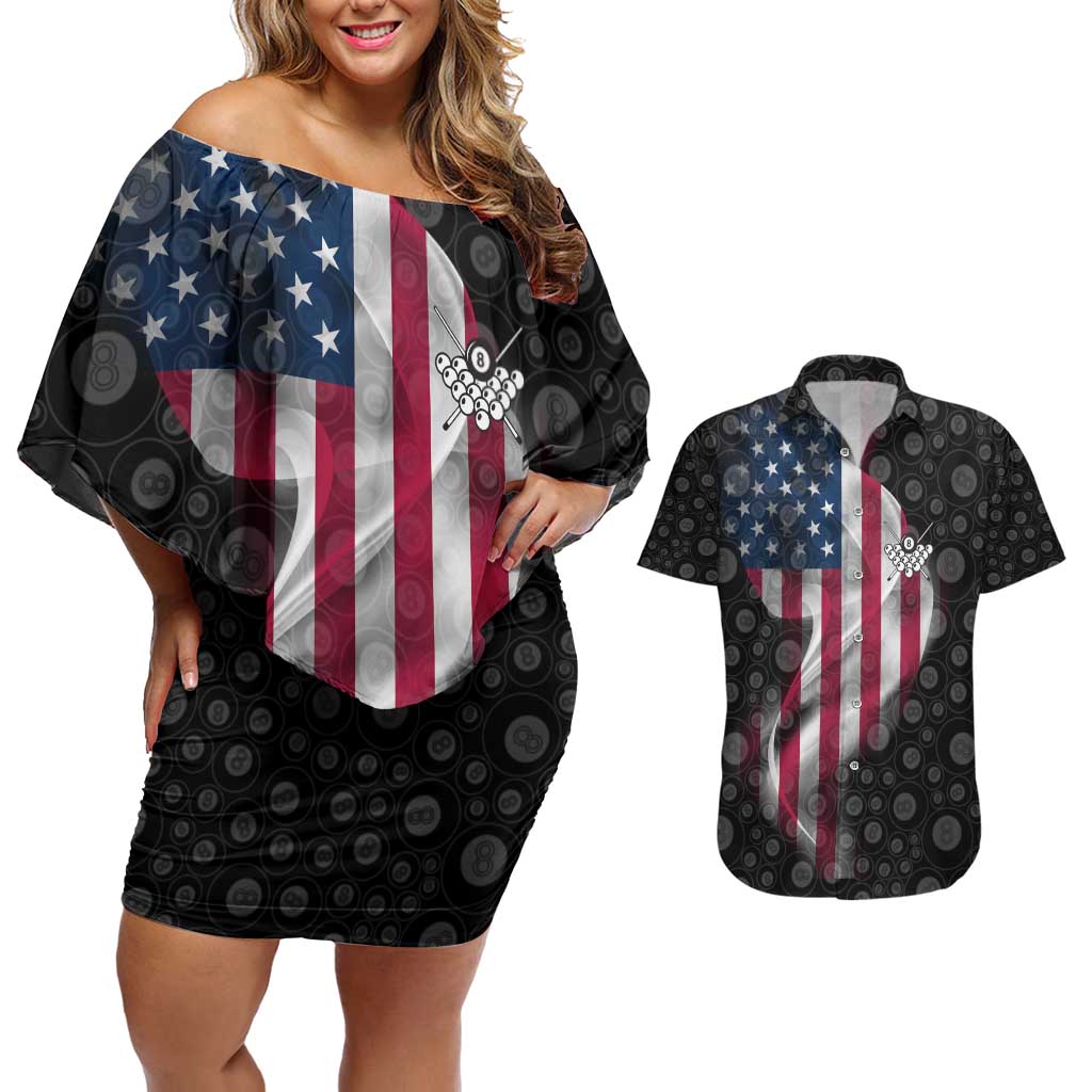 American Flag Bowling Ball and Pins Graphic Couples Matching Off Shoulder Short Dress and Hawaiian Shirt with Black Patterned Background and Custom Team Name Design - Wonder Print Shop