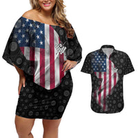 American Flag Bowling Ball and Pins Graphic Couples Matching Off Shoulder Short Dress and Hawaiian Shirt with Black Patterned Background and Custom Team Name Design - Wonder Print Shop