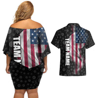 American Flag Bowling Ball and Pins Graphic Couples Matching Off Shoulder Short Dress and Hawaiian Shirt with Black Patterned Background and Custom Team Name Design - Wonder Print Shop