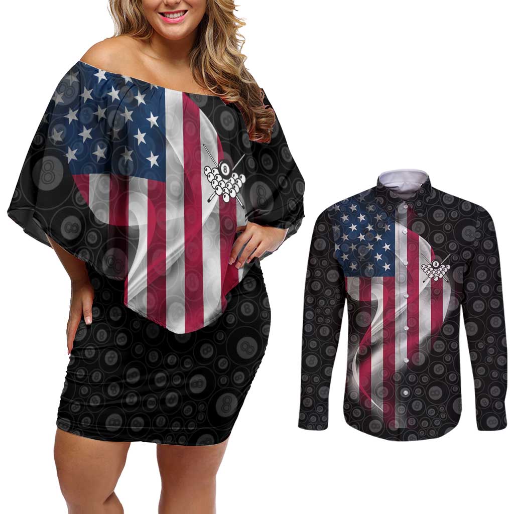 American Flag Bowling Ball and Pins Graphic Couples Matching Off Shoulder Short Dress and Long Sleeve Button Shirt with Black Patterned Background and Custom Team Name Design - Wonder Print Shop