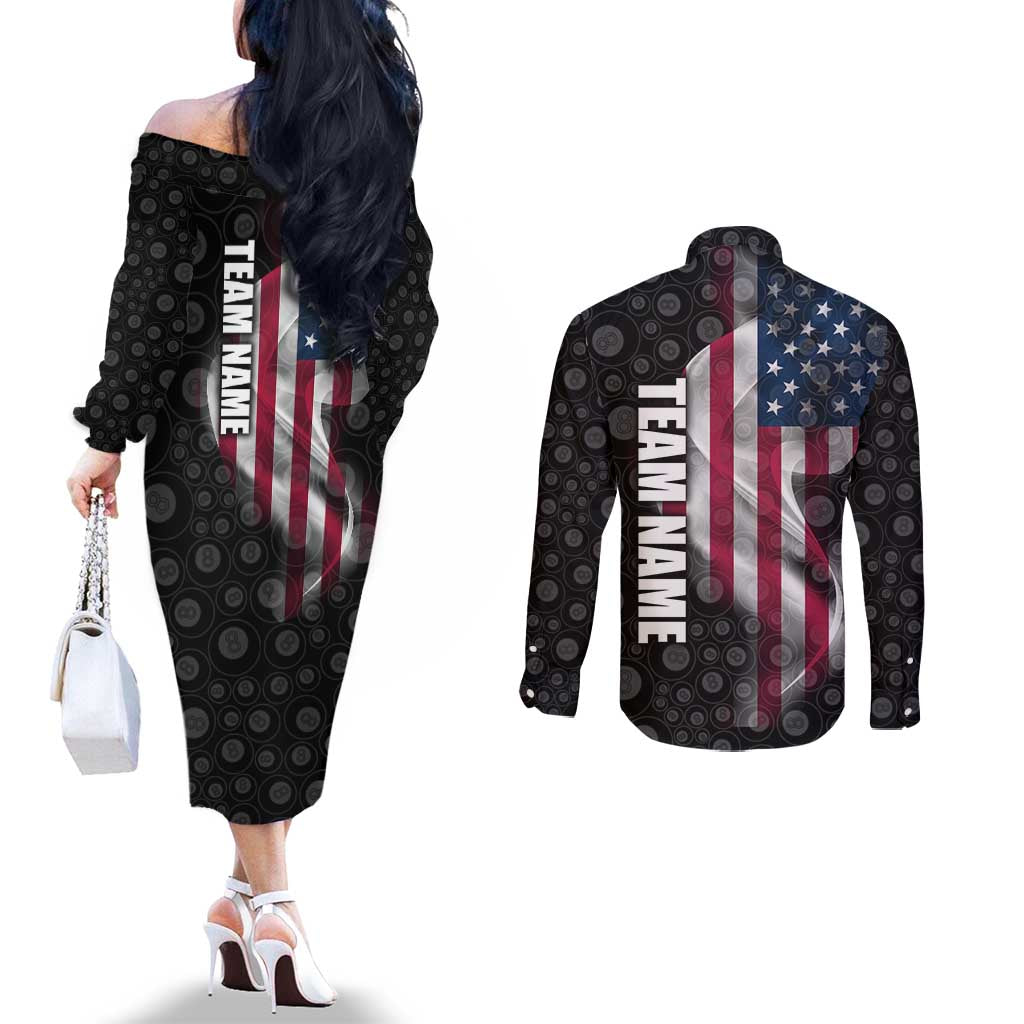 American Flag Bowling Ball and Pins Graphic Couples Matching Off The Shoulder Long Sleeve Dress and Long Sleeve Button Shirt with Black Patterned Background and Custom Team Name Design - Wonder Print Shop