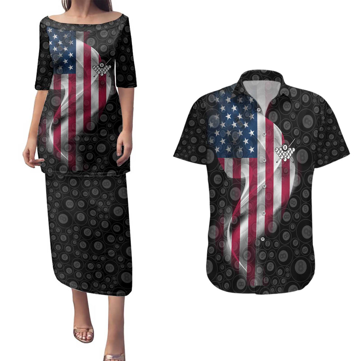 American Flag Bowling Ball and Pins Graphic Couples Matching Puletasi and Hawaiian Shirt with Black Patterned Background and Custom Team Name Design - Wonder Print Shop