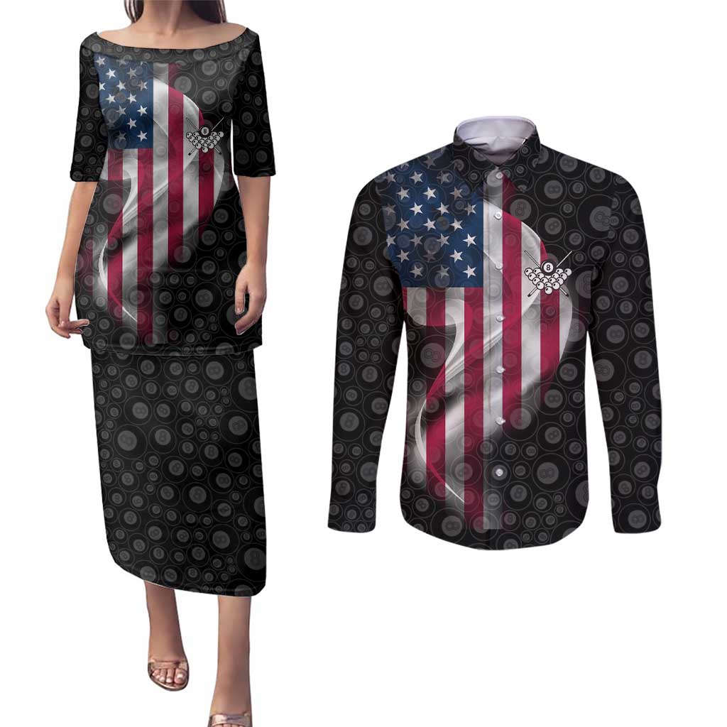 American Flag Bowling Ball and Pins Graphic Couples Matching Puletasi and Long Sleeve Button Shirt with Black Patterned Background and Custom Team Name Design - Wonder Print Shop