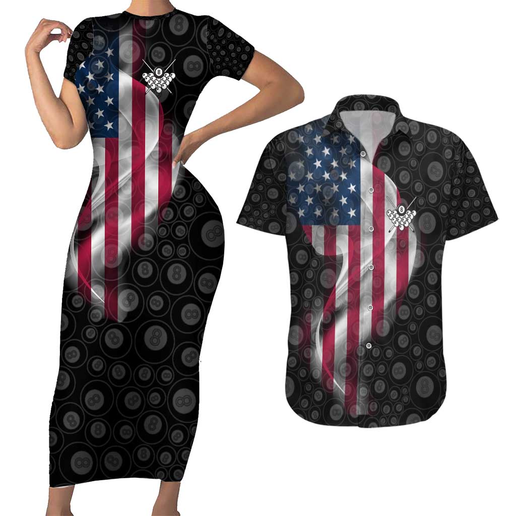 American Flag Bowling Ball and Pins Graphic Couples Matching Short Sleeve Bodycon Dress and Hawaiian Shirt with Black Patterned Background and Custom Team Name Design - Wonder Print Shop