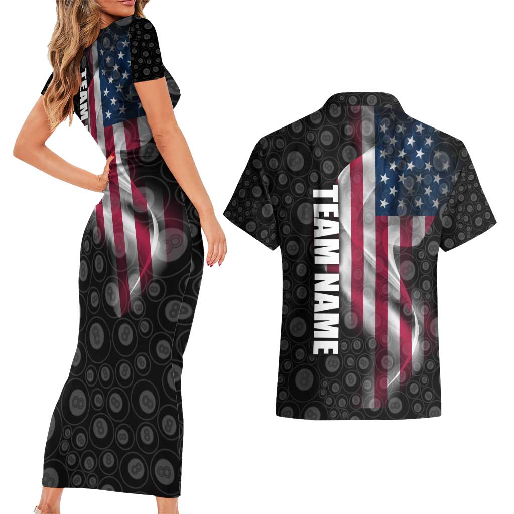 American Flag Bowling Ball and Pins Graphic Couples Matching Short Sleeve Bodycon Dress and Hawaiian Shirt with Black Patterned Background and Custom Team Name Design - Wonder Print Shop