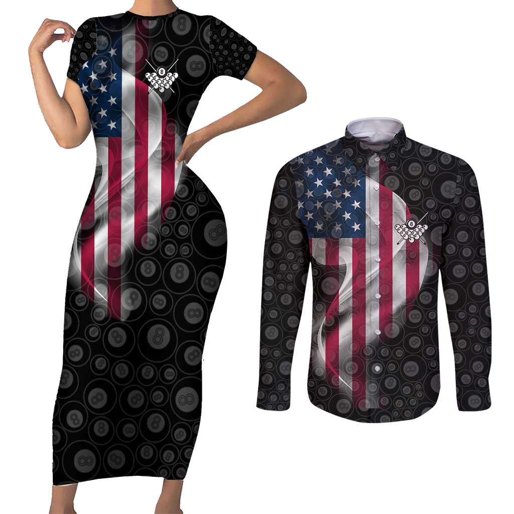 American Flag Bowling Ball and Pins Graphic Couples Matching Short Sleeve Bodycon Dress and Long Sleeve Button Shirt with Black Patterned Background and Custom Team Name Design - Wonder Print Shop