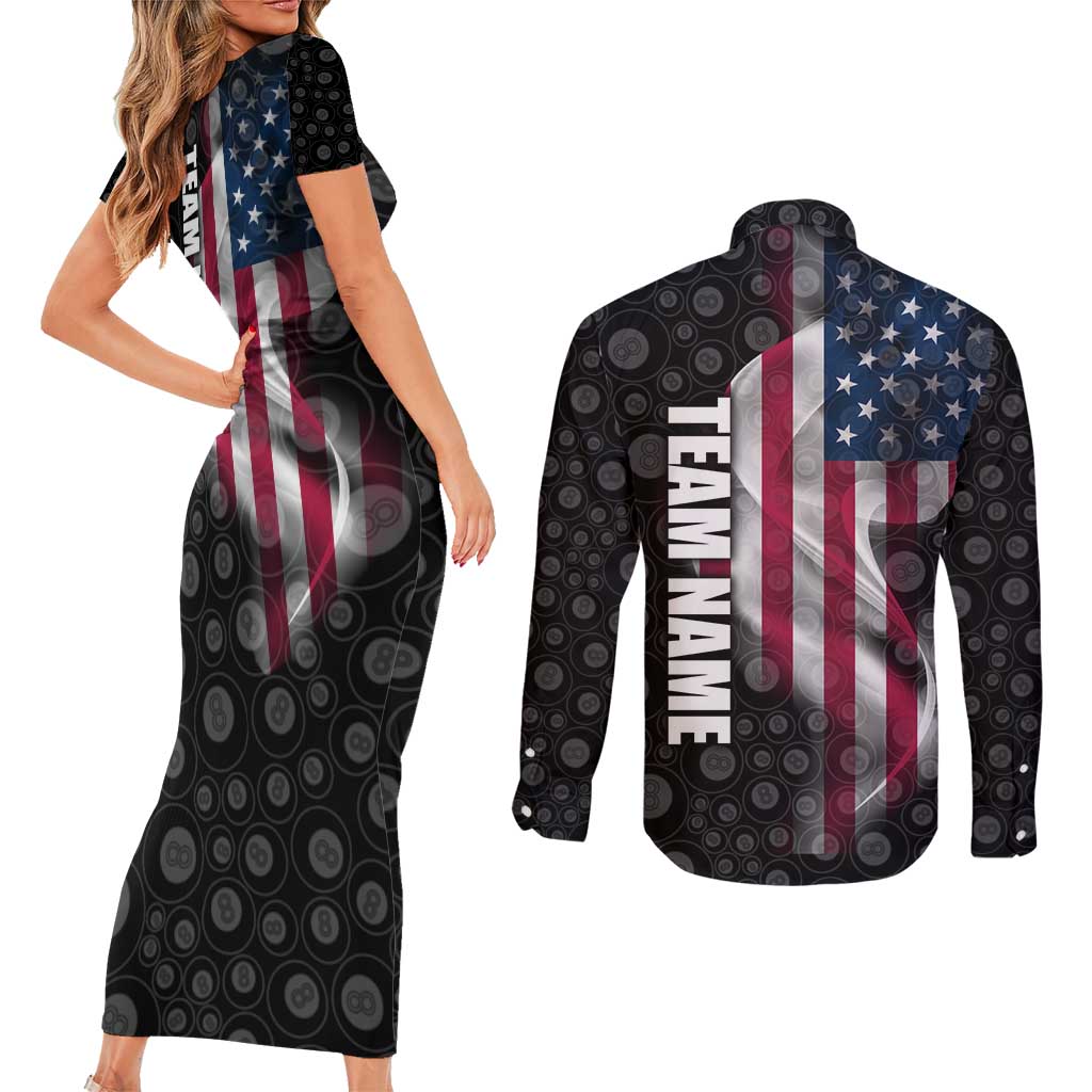 American Flag Bowling Ball and Pins Graphic Couples Matching Short Sleeve Bodycon Dress and Long Sleeve Button Shirt with Black Patterned Background and Custom Team Name Design - Wonder Print Shop