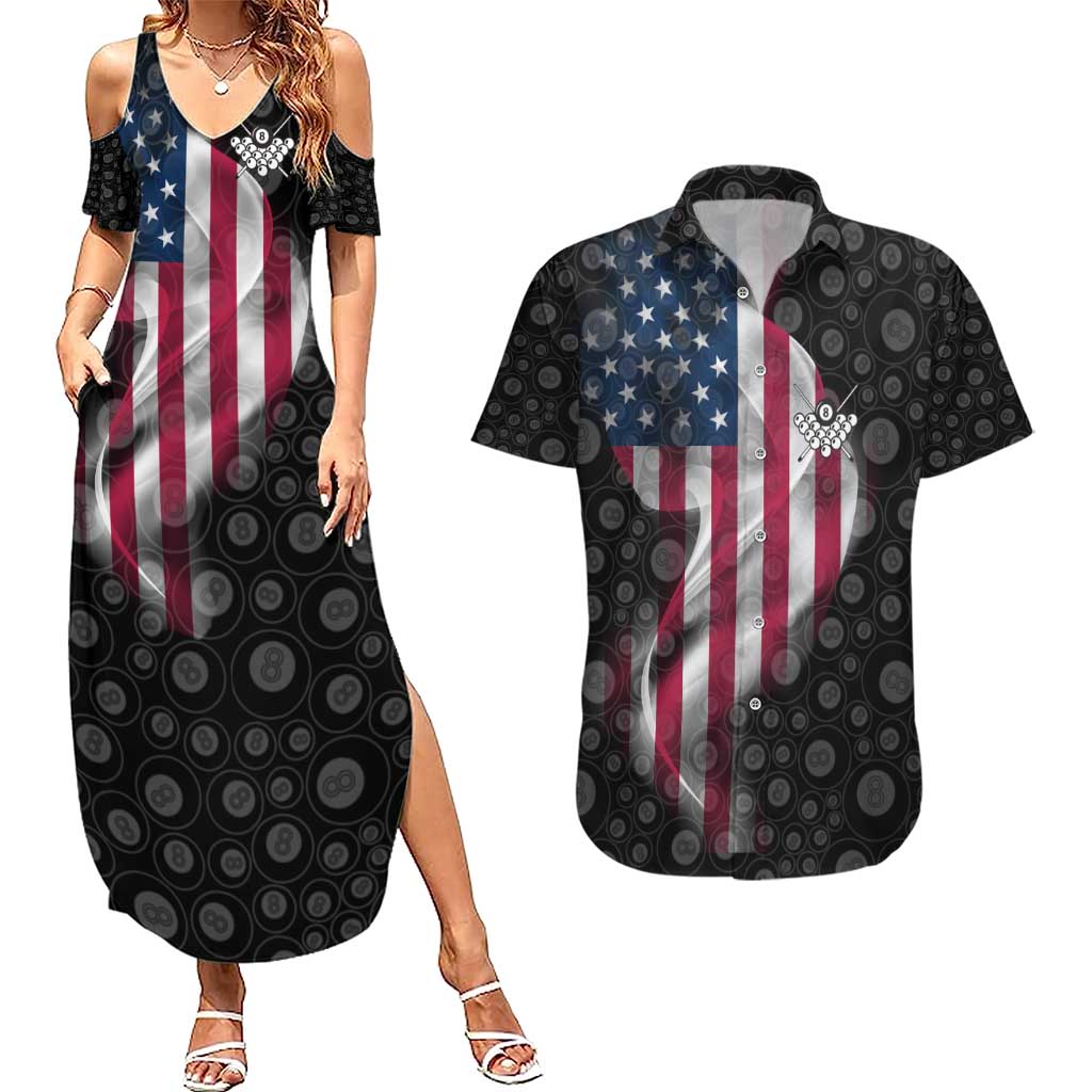 American Flag Bowling Ball and Pins Graphic Couples Matching Summer Maxi Dress and Hawaiian Shirt with Black Patterned Background and Custom Team Name Design - Wonder Print Shop