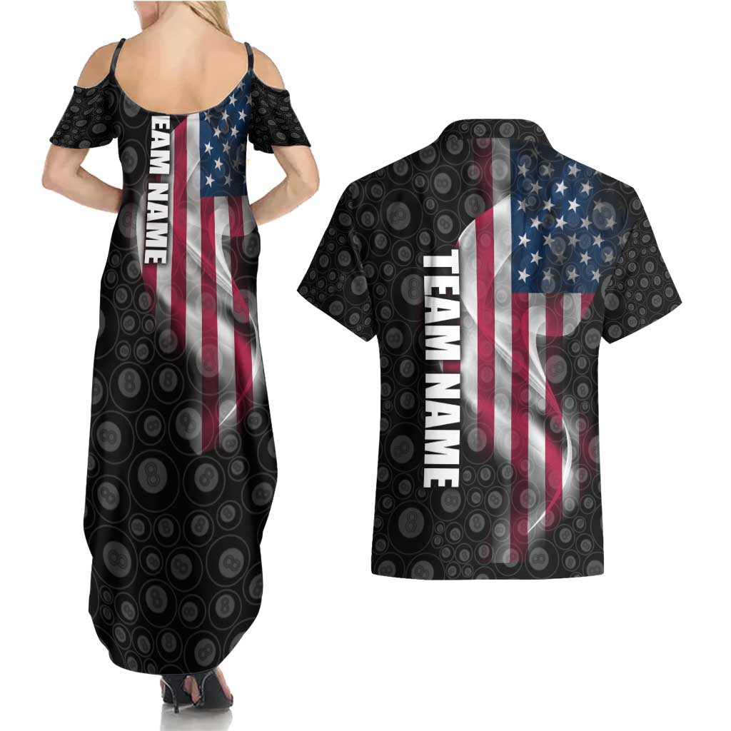 American Flag Bowling Ball and Pins Graphic Couples Matching Summer Maxi Dress and Hawaiian Shirt with Black Patterned Background and Custom Team Name Design - Wonder Print Shop