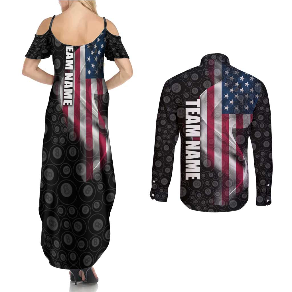 American Flag Bowling Ball and Pins Graphic Couples Matching Summer Maxi Dress and Long Sleeve Button Shirt with Black Patterned Background and Custom Team Name Design - Wonder Print Shop