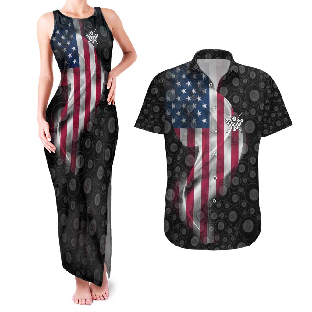 American Flag Bowling Ball and Pins Graphic Couples Matching Tank Maxi Dress and Hawaiian Shirt with Black Patterned Background and Custom Team Name Design - Wonder Print Shop