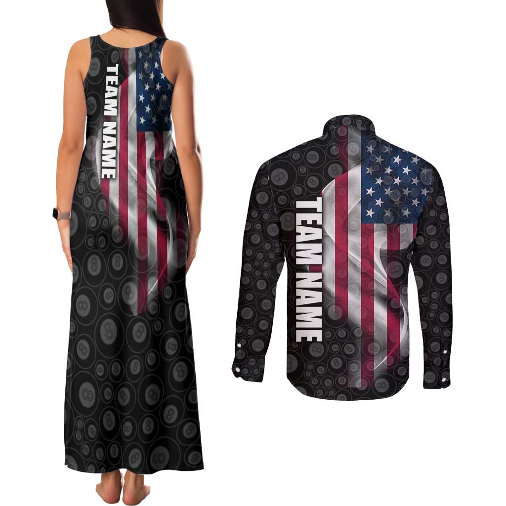 American Flag Bowling Ball and Pins Graphic Couples Matching Tank Maxi Dress and Long Sleeve Button Shirt with Black Patterned Background and Custom Team Name Design - Wonder Print Shop