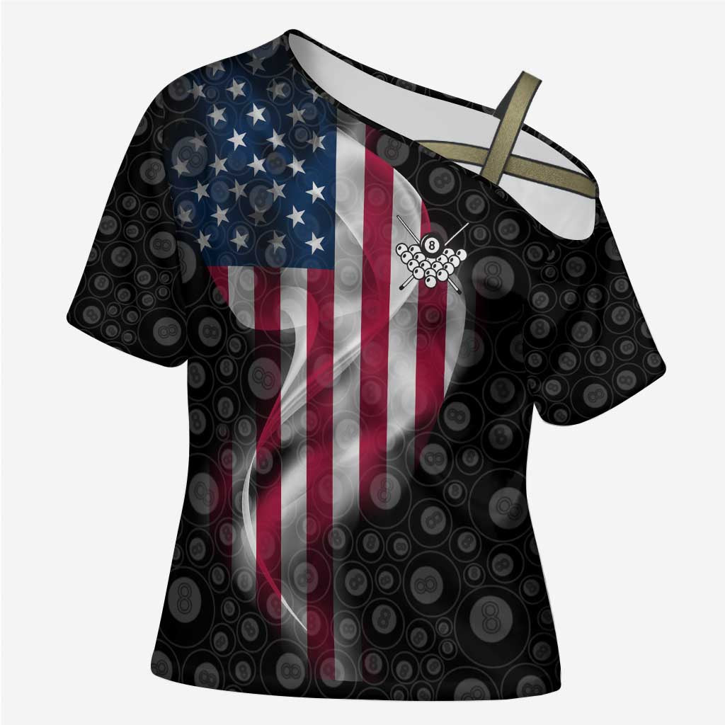 American Flag Bowling Ball and Pins Graphic Cross Shoulder Shirt with Black Patterned Background and Custom Team Name Design - Wonder Print Shop