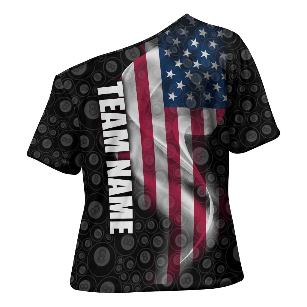 American Flag Bowling Ball and Pins Graphic Cross Shoulder Shirt with Black Patterned Background and Custom Team Name Design - Wonder Print Shop