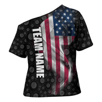 American Flag Bowling Ball and Pins Graphic Cross Shoulder Shirt with Black Patterned Background and Custom Team Name Design - Wonder Print Shop