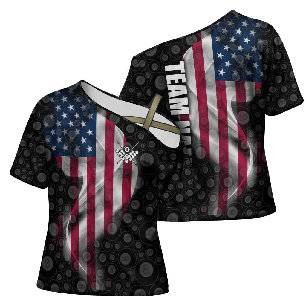 American Flag Bowling Ball and Pins Graphic Cross Shoulder Shirt with Black Patterned Background and Custom Team Name Design - Wonder Print Shop