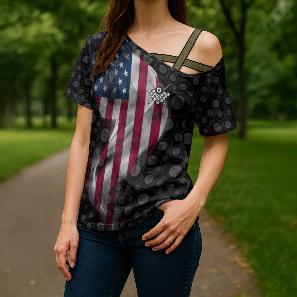 American Flag Bowling Ball and Pins Graphic Cross Shoulder Shirt with Black Patterned Background and Custom Team Name Design - Wonder Print Shop