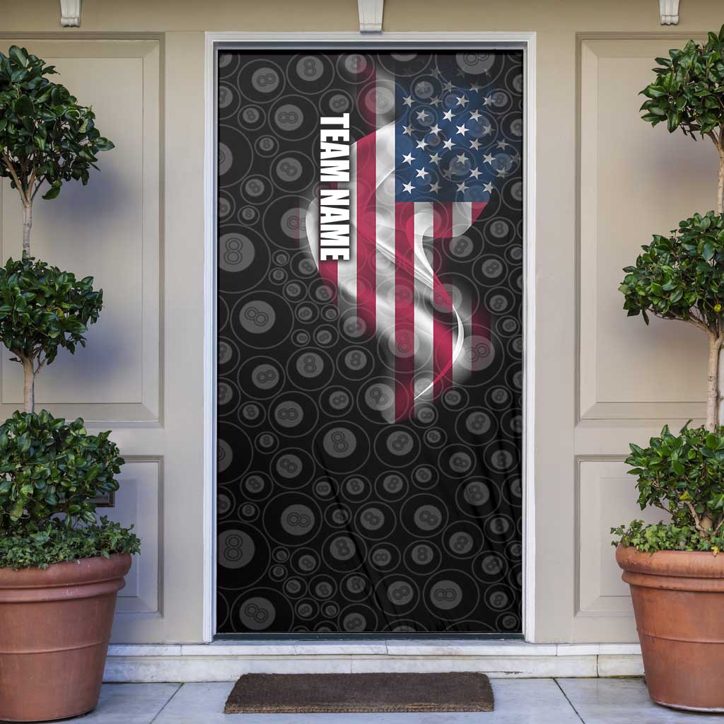 American Flag Bowling Ball and Pins Graphic Door Cover with Black Patterned Background and Custom Team Name Design - Wonder Print Shop