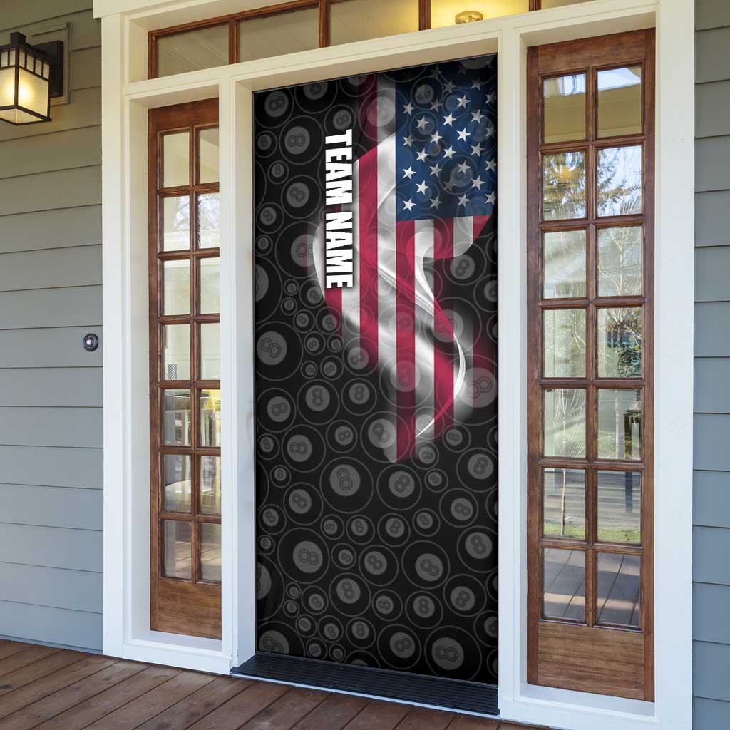 American Flag Bowling Ball and Pins Graphic Door Cover with Black Patterned Background and Custom Team Name Design - Wonder Print Shop