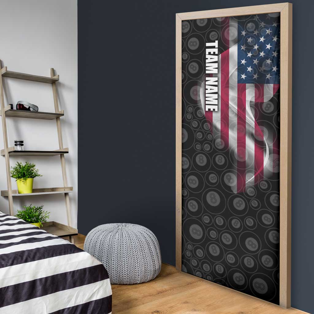 American Flag Bowling Ball and Pins Graphic Door Cover with Black Patterned Background and Custom Team Name Design - Wonder Print Shop