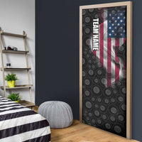 American Flag Bowling Ball and Pins Graphic Door Cover with Black Patterned Background and Custom Team Name Design - Wonder Print Shop