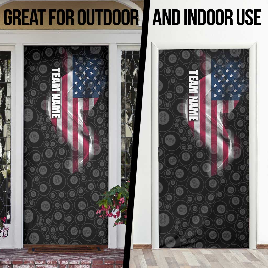 American Flag Bowling Ball and Pins Graphic Door Cover with Black Patterned Background and Custom Team Name Design - Wonder Print Shop
