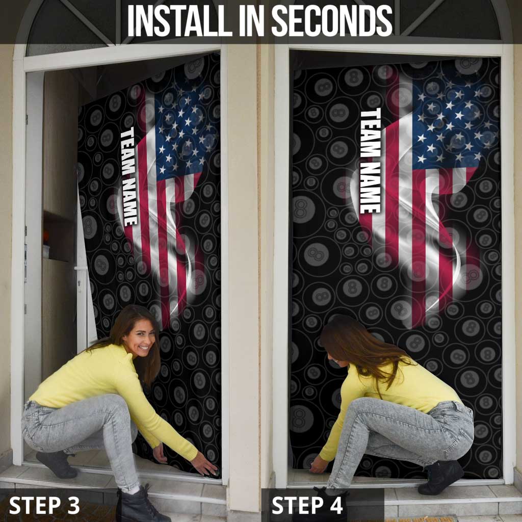 American Flag Bowling Ball and Pins Graphic Door Cover with Black Patterned Background and Custom Team Name Design - Wonder Print Shop