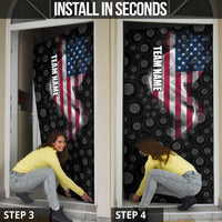 American Flag Bowling Ball and Pins Graphic Door Cover with Black Patterned Background and Custom Team Name Design - Wonder Print Shop