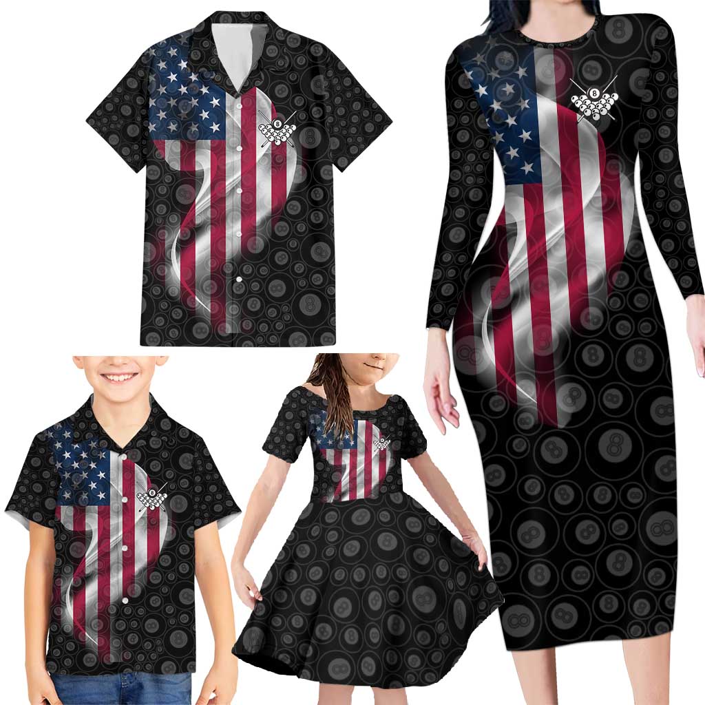 American Flag Bowling Ball and Pins Graphic Family Matching Long Sleeve Bodycon Dress and Hawaiian Shirt with Black Patterned Background and Custom Team Name Design - Wonder Print Shop