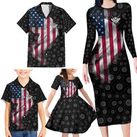 American Flag Bowling Ball and Pins Graphic Family Matching Long Sleeve Bodycon Dress and Hawaiian Shirt with Black Patterned Background and Custom Team Name Design - Wonder Print Shop