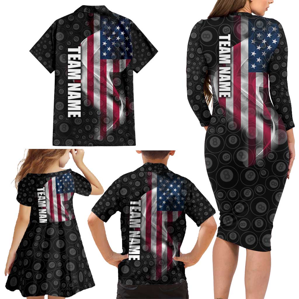American Flag Bowling Ball and Pins Graphic Family Matching Long Sleeve Bodycon Dress and Hawaiian Shirt with Black Patterned Background and Custom Team Name Design - Wonder Print Shop