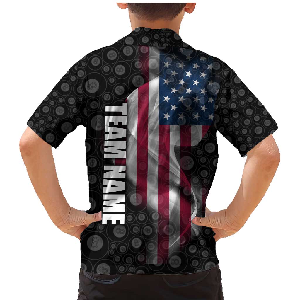 American Flag Bowling Ball and Pins Graphic Family Matching Mermaid Dress and Hawaiian Shirt with Black Patterned Background and Custom Team Name Design - Wonder Print Shop