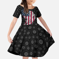American Flag Bowling Ball and Pins Graphic Family Matching Mermaid Dress and Hawaiian Shirt with Black Patterned Background and Custom Team Name Design - Wonder Print Shop