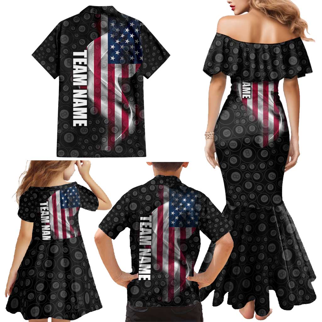 American Flag Bowling Ball and Pins Graphic Family Matching Mermaid Dress and Hawaiian Shirt with Black Patterned Background and Custom Team Name Design - Wonder Print Shop