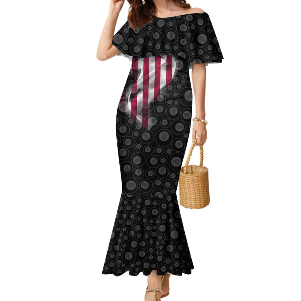 American Flag Bowling Ball and Pins Graphic Family Matching Mermaid Dress and Hawaiian Shirt with Black Patterned Background and Custom Team Name Design - Wonder Print Shop