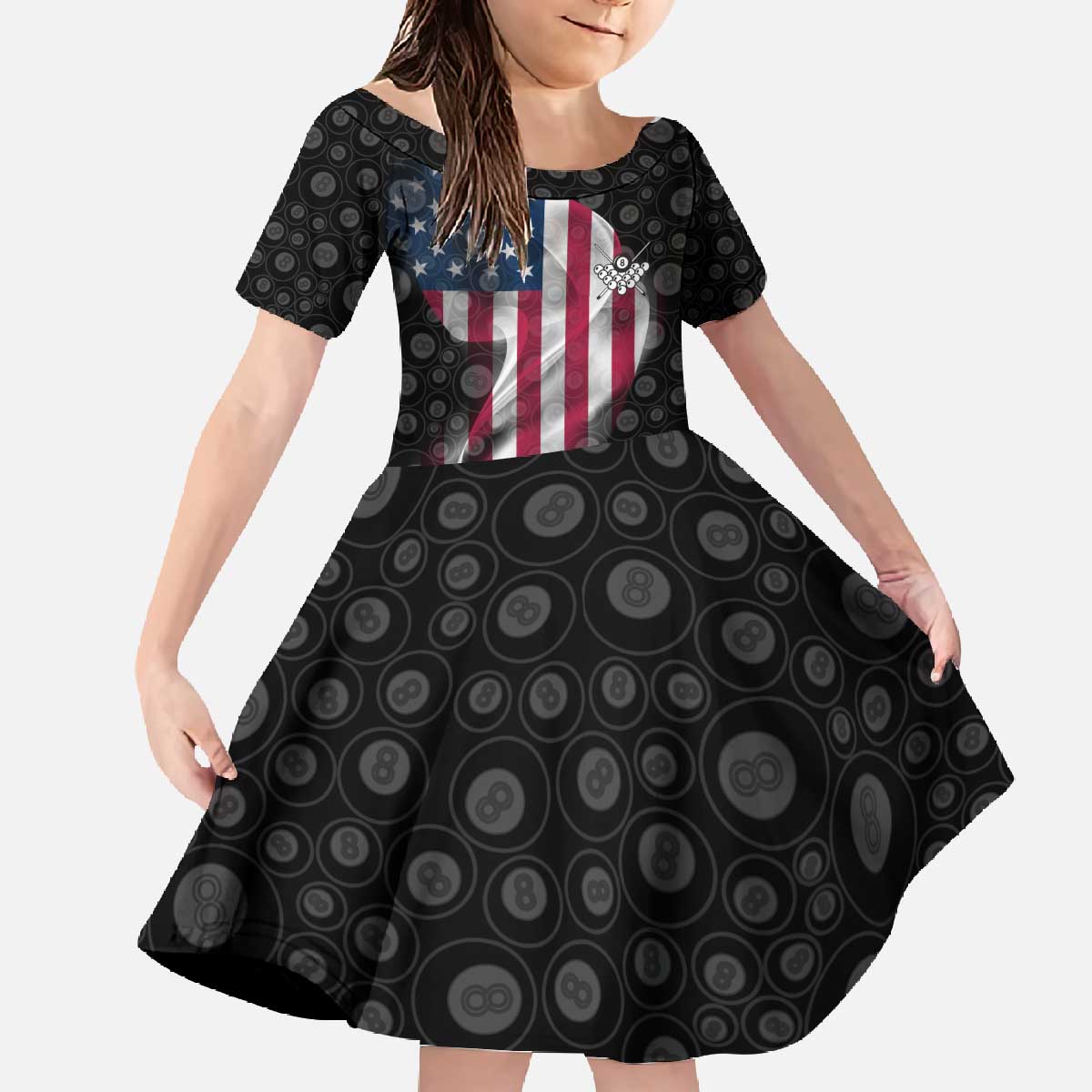 American Flag Bowling Ball and Pins Graphic Family Matching Off The Shoulder Long Sleeve Dress and Hawaiian Shirt with Black Patterned Background and Custom Team Name Design - Wonder Print Shop