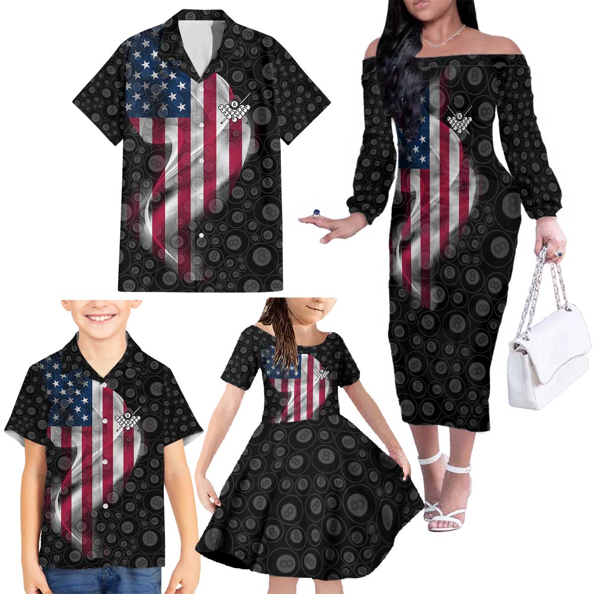 American Flag Bowling Ball and Pins Graphic Family Matching Off The Shoulder Long Sleeve Dress and Hawaiian Shirt with Black Patterned Background and Custom Team Name Design - Wonder Print Shop