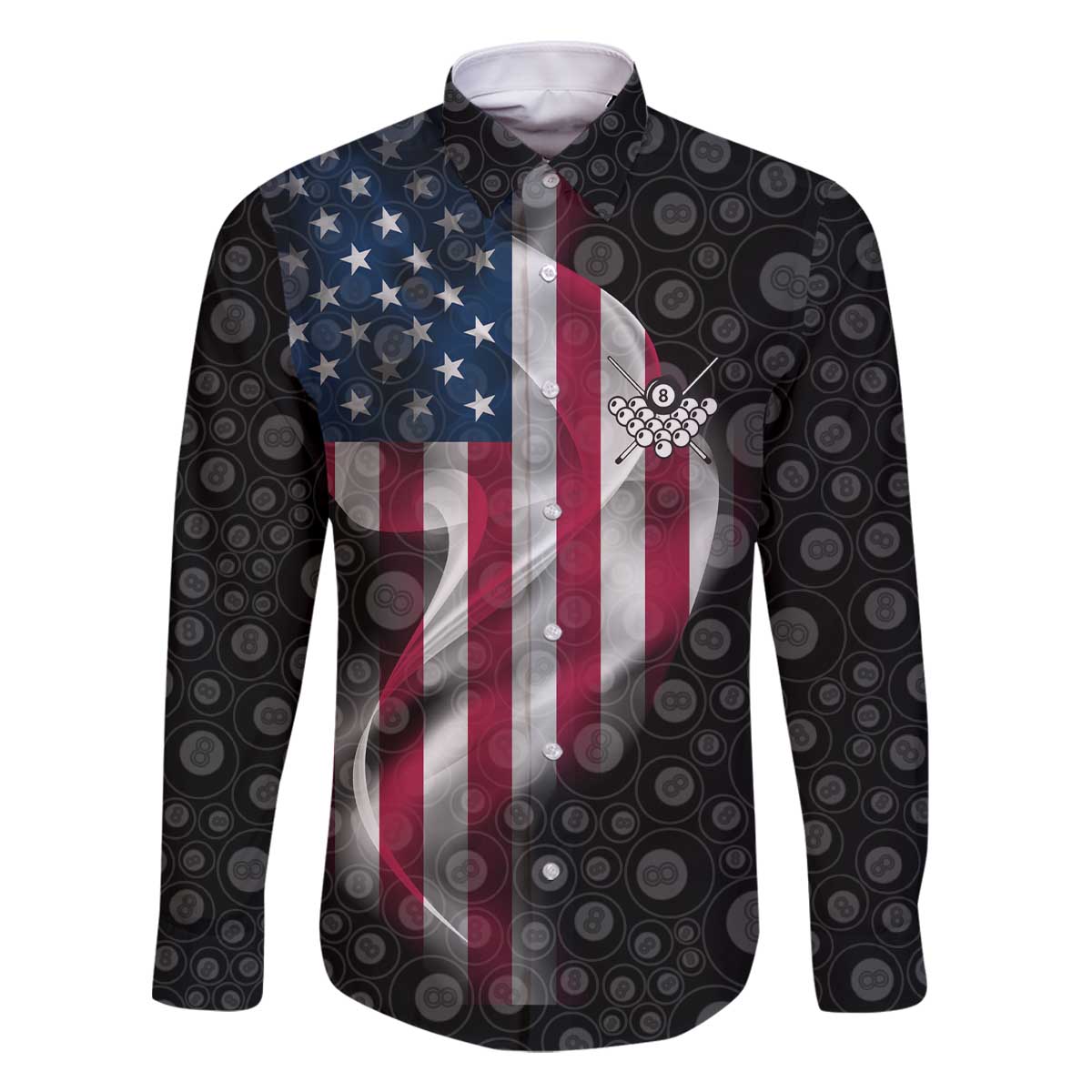 American Flag Bowling Ball and Pins Graphic Family Matching Off The Shoulder Long Sleeve Dress and Hawaiian Shirt with Black Patterned Background and Custom Team Name Design - Wonder Print Shop