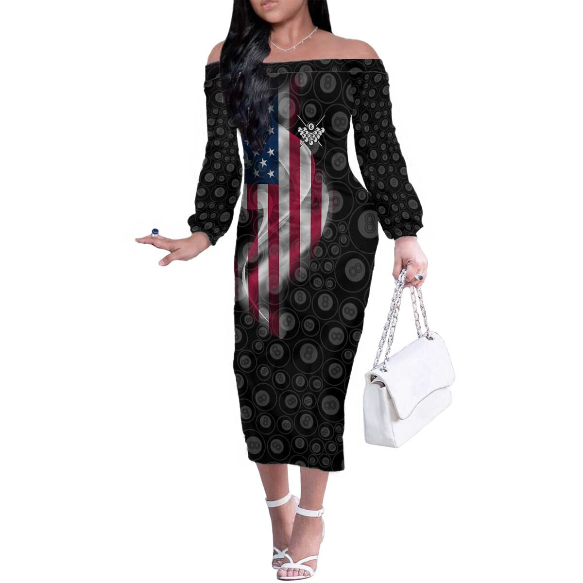 American Flag Bowling Ball and Pins Graphic Family Matching Off The Shoulder Long Sleeve Dress and Hawaiian Shirt with Black Patterned Background and Custom Team Name Design - Wonder Print Shop