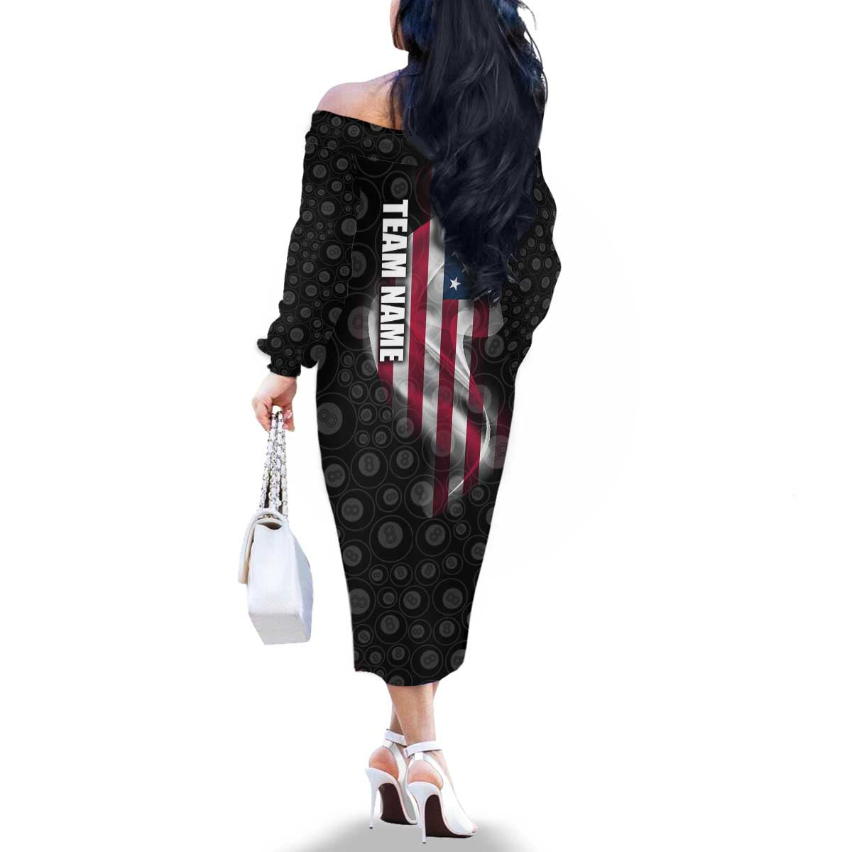 American Flag Bowling Ball and Pins Graphic Family Matching Off The Shoulder Long Sleeve Dress and Hawaiian Shirt with Black Patterned Background and Custom Team Name Design - Wonder Print Shop