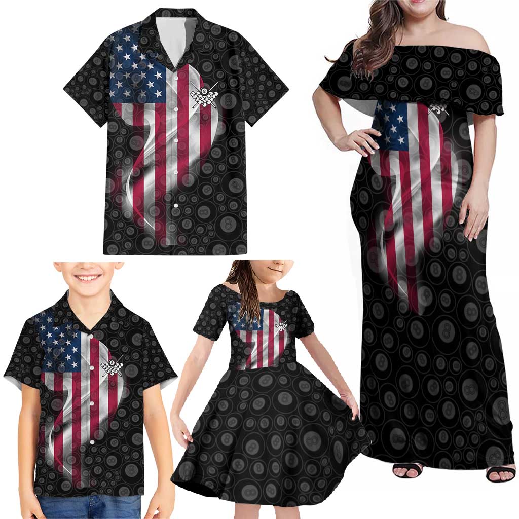 American Flag Bowling Ball and Pins Graphic Family Matching Off Shoulder Maxi Dress and Hawaiian Shirt with Black Patterned Background and Custom Team Name Design - Wonder Print Shop