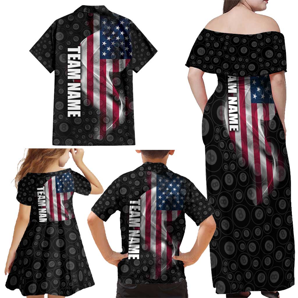 American Flag Bowling Ball and Pins Graphic Family Matching Off Shoulder Maxi Dress and Hawaiian Shirt with Black Patterned Background and Custom Team Name Design - Wonder Print Shop
