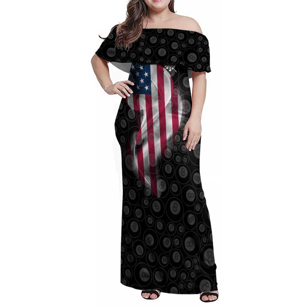 American Flag Bowling Ball and Pins Graphic Family Matching Off Shoulder Maxi Dress and Hawaiian Shirt with Black Patterned Background and Custom Team Name Design - Wonder Print Shop