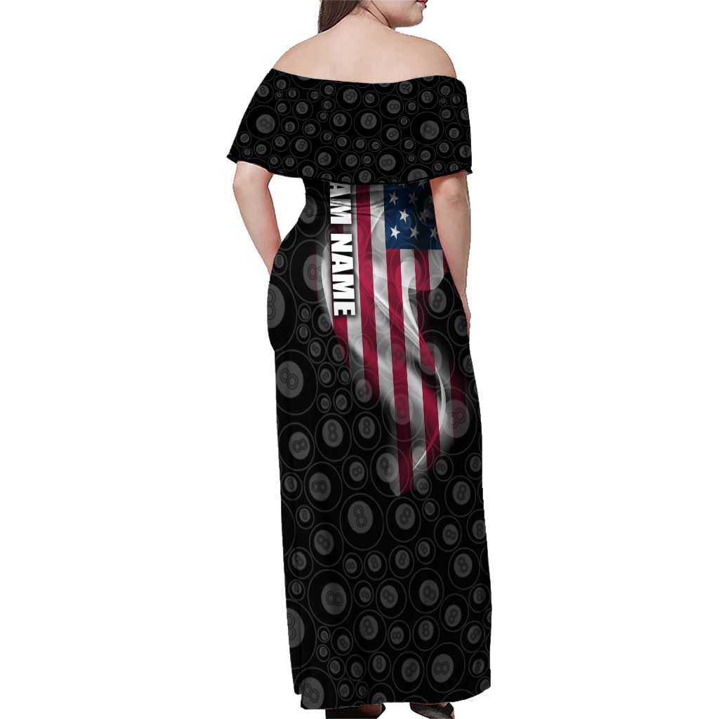 American Flag Bowling Ball and Pins Graphic Family Matching Off Shoulder Maxi Dress and Hawaiian Shirt with Black Patterned Background and Custom Team Name Design - Wonder Print Shop