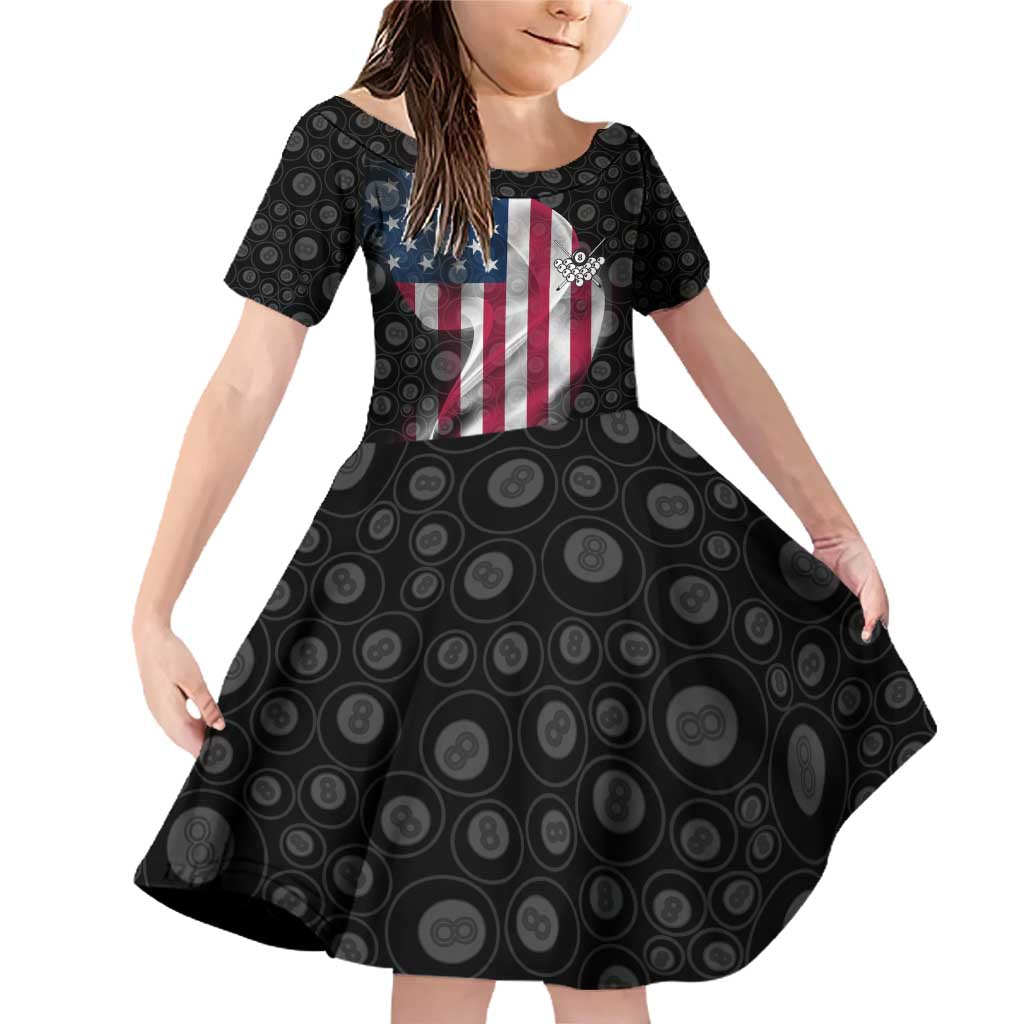 American Flag Bowling Ball and Pins Graphic Family Matching Off Shoulder Short Dress and Hawaiian Shirt with Black Patterned Background and Custom Team Name Design - Wonder Print Shop