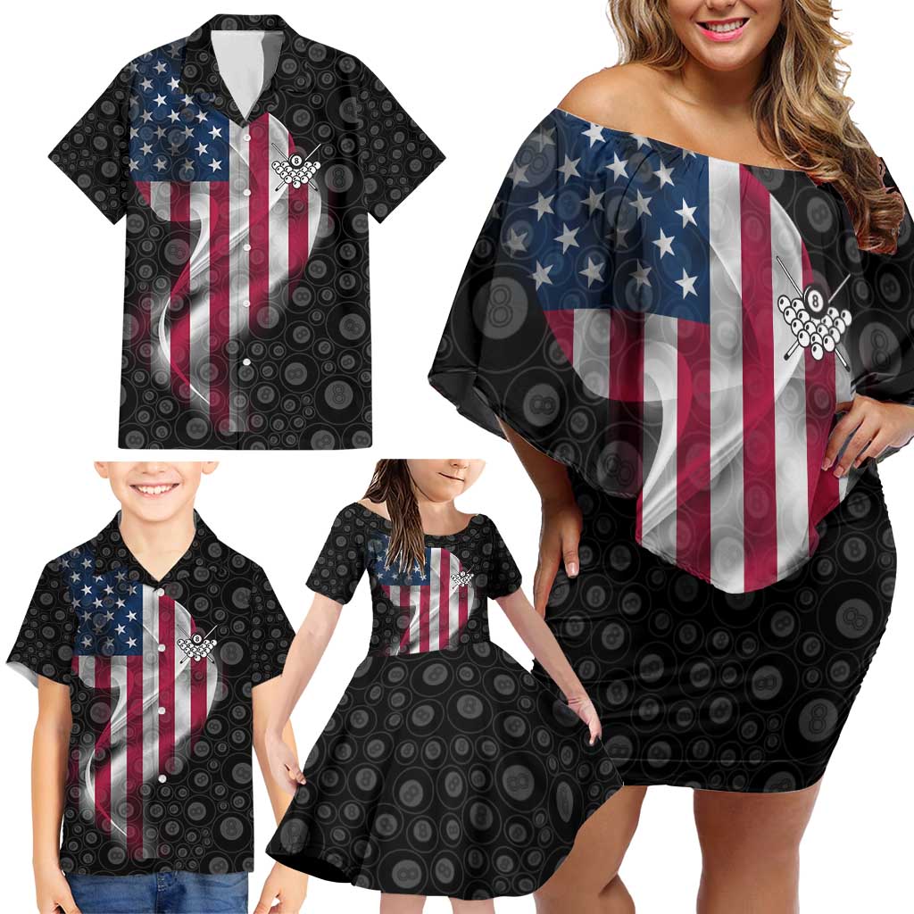 American Flag Bowling Ball and Pins Graphic Family Matching Off Shoulder Short Dress and Hawaiian Shirt with Black Patterned Background and Custom Team Name Design - Wonder Print Shop