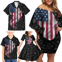 American Flag Bowling Ball and Pins Graphic Family Matching Off Shoulder Short Dress and Hawaiian Shirt with Black Patterned Background and Custom Team Name Design - Wonder Print Shop